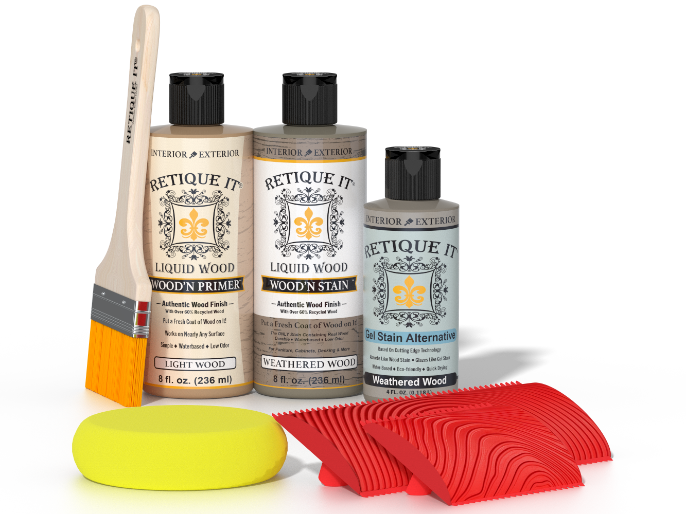 Retique It® Wood'n Finish Kit in Weathered Wood showing application tools and sample wood surface with weathered wood finish.