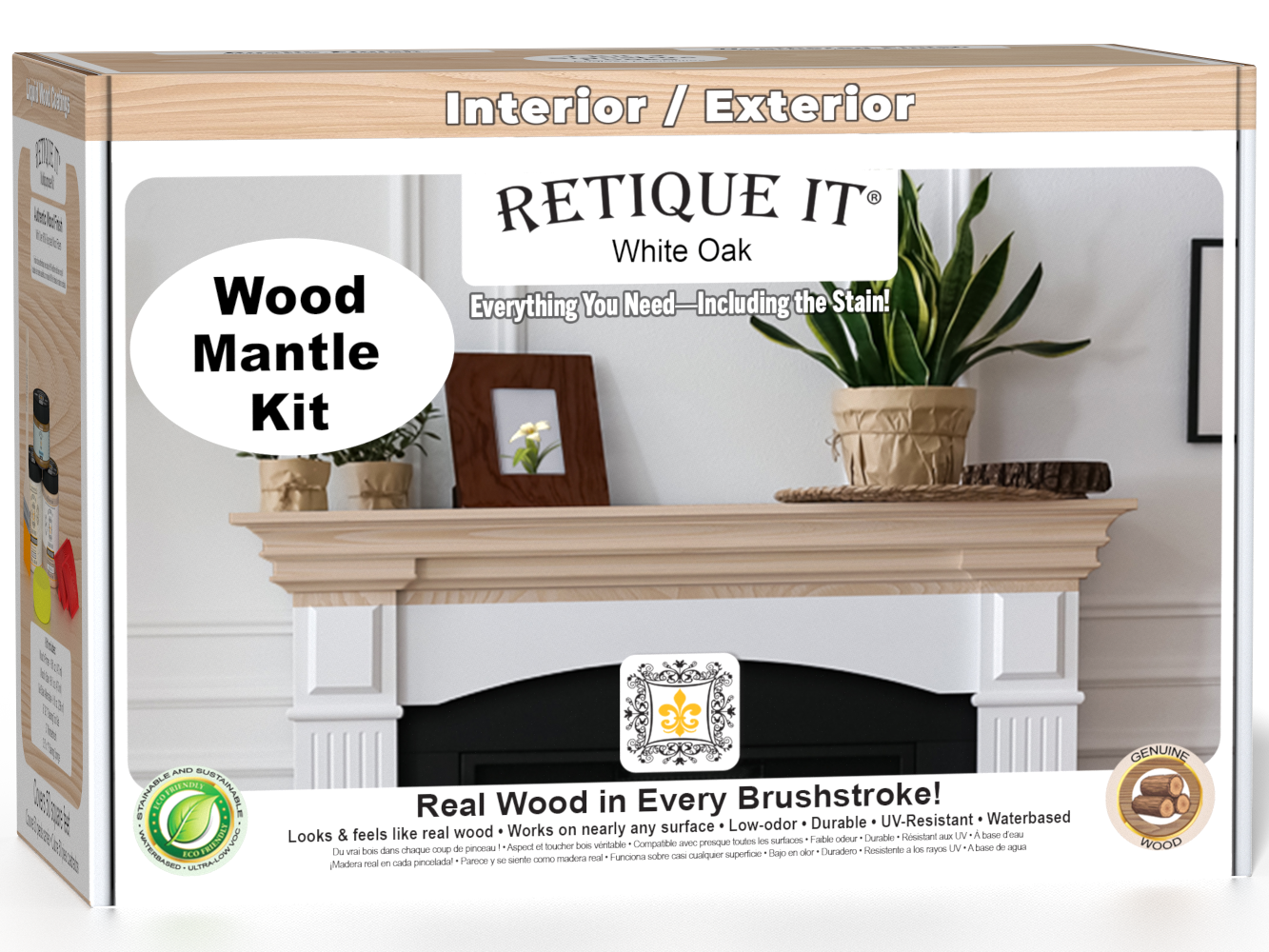 Retique It® White Oak Fireplace Mantel Wood'n Finish Kit with stain, shown in a 3D box view, designed for wood fireplace mantels.