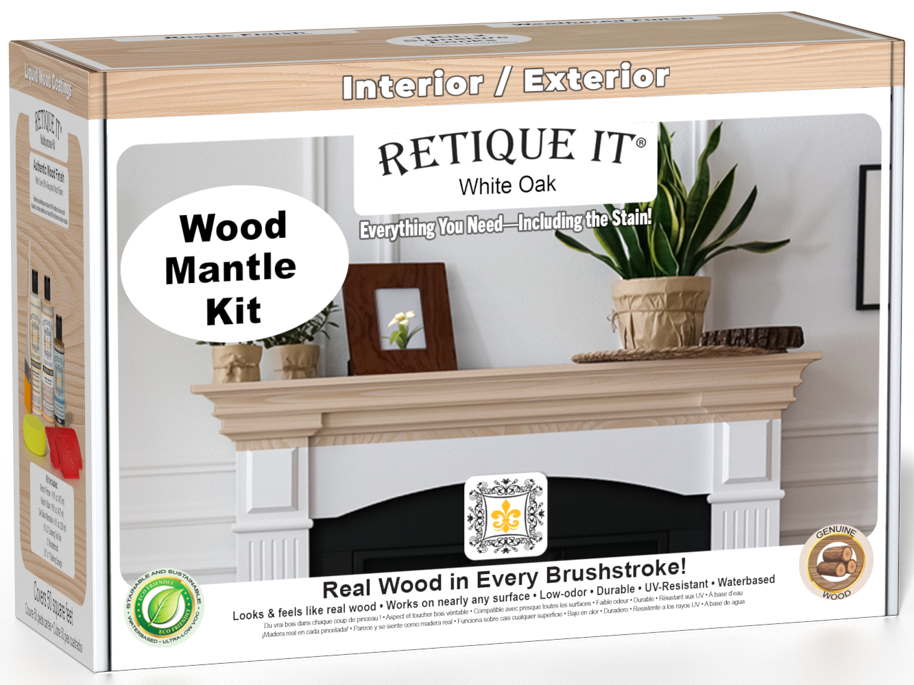 Retique It® Wood'n Finish Kit in White Oak stain for fireplace mantels, featuring wood stain and finishing supplies.