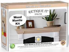 Retique It® Wood'n Finish Kit in White Oak stain for fireplace mantels, featuring wood stain and finishing supplies.