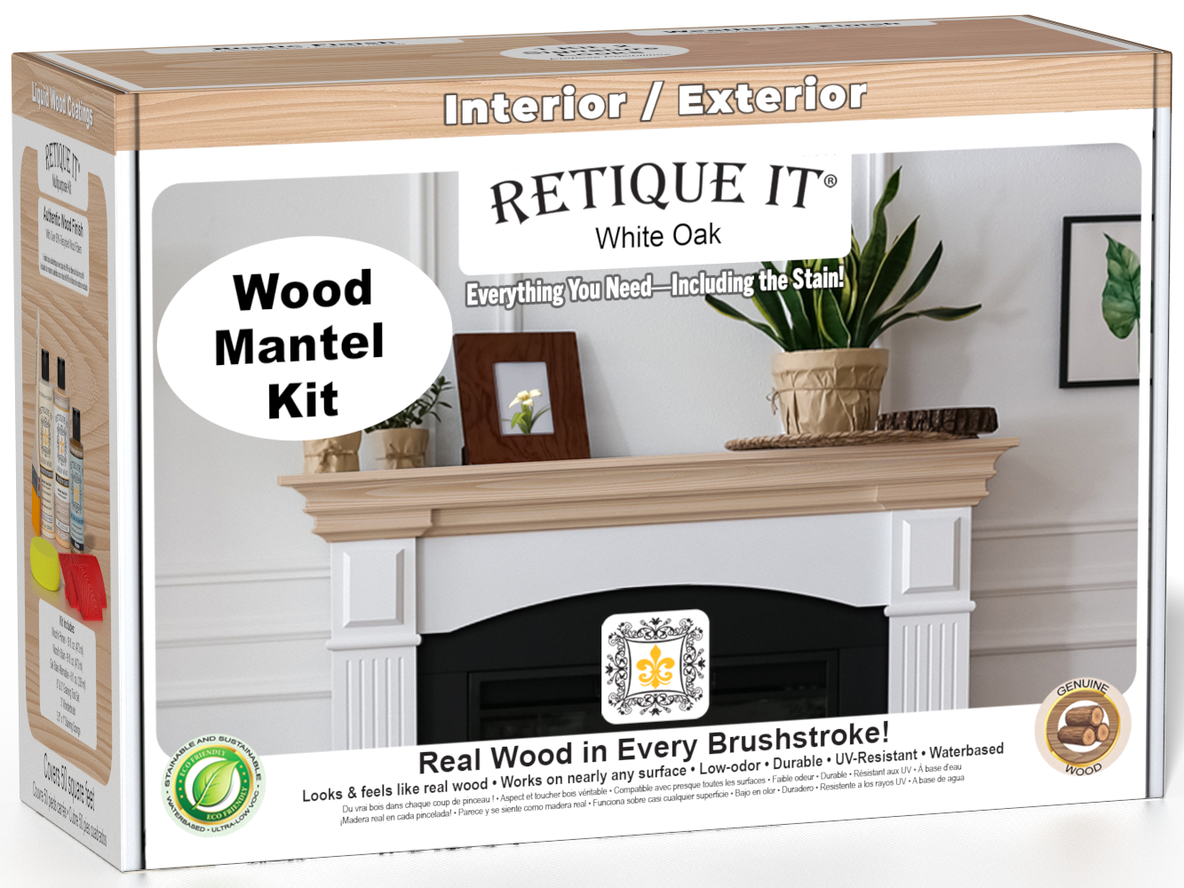 Retique It® Fireplace Mantel Wood'n Finish Kit in White Oak stain, showing the wood stain box and sample wood finish.