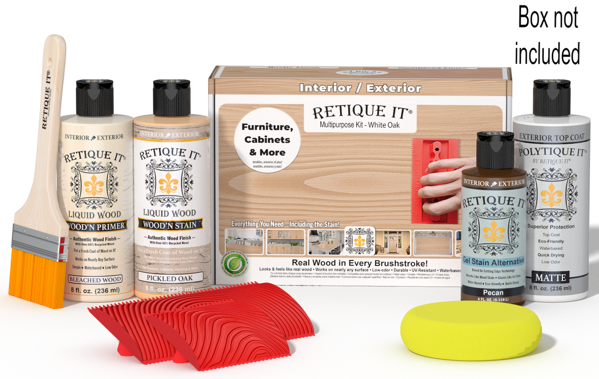 White Oak Wood'n Finish Kit by Retique It® with exterior top coat and application tools in a multi-purpose wood finishing set.