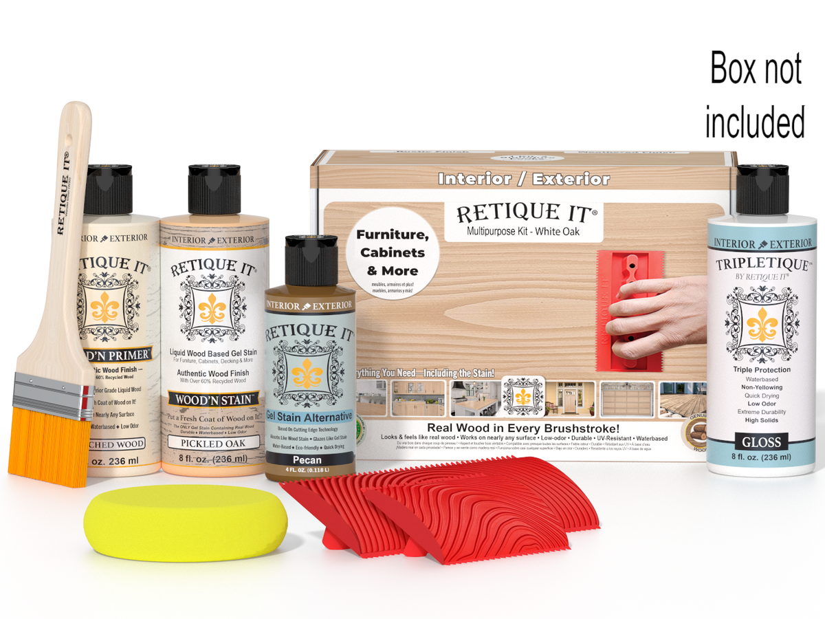 Retique It Wood'n Kit in white oak finish, interior top coat kit for wood furniture and surfaces, packaged in a box.