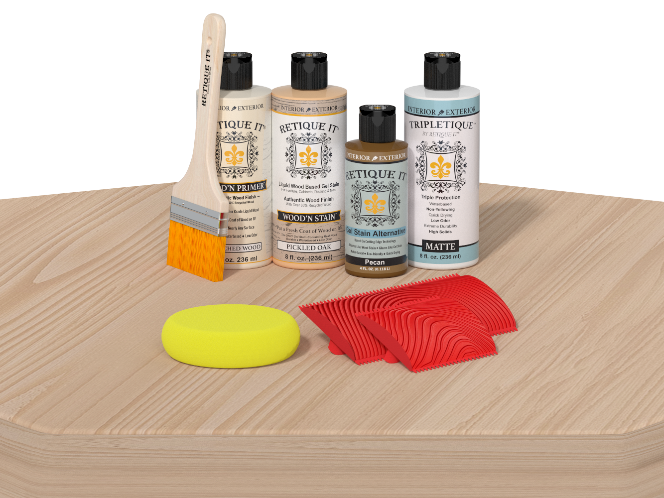 Set of wood care products including bottles, a brush, and sponges on a wooden surface.