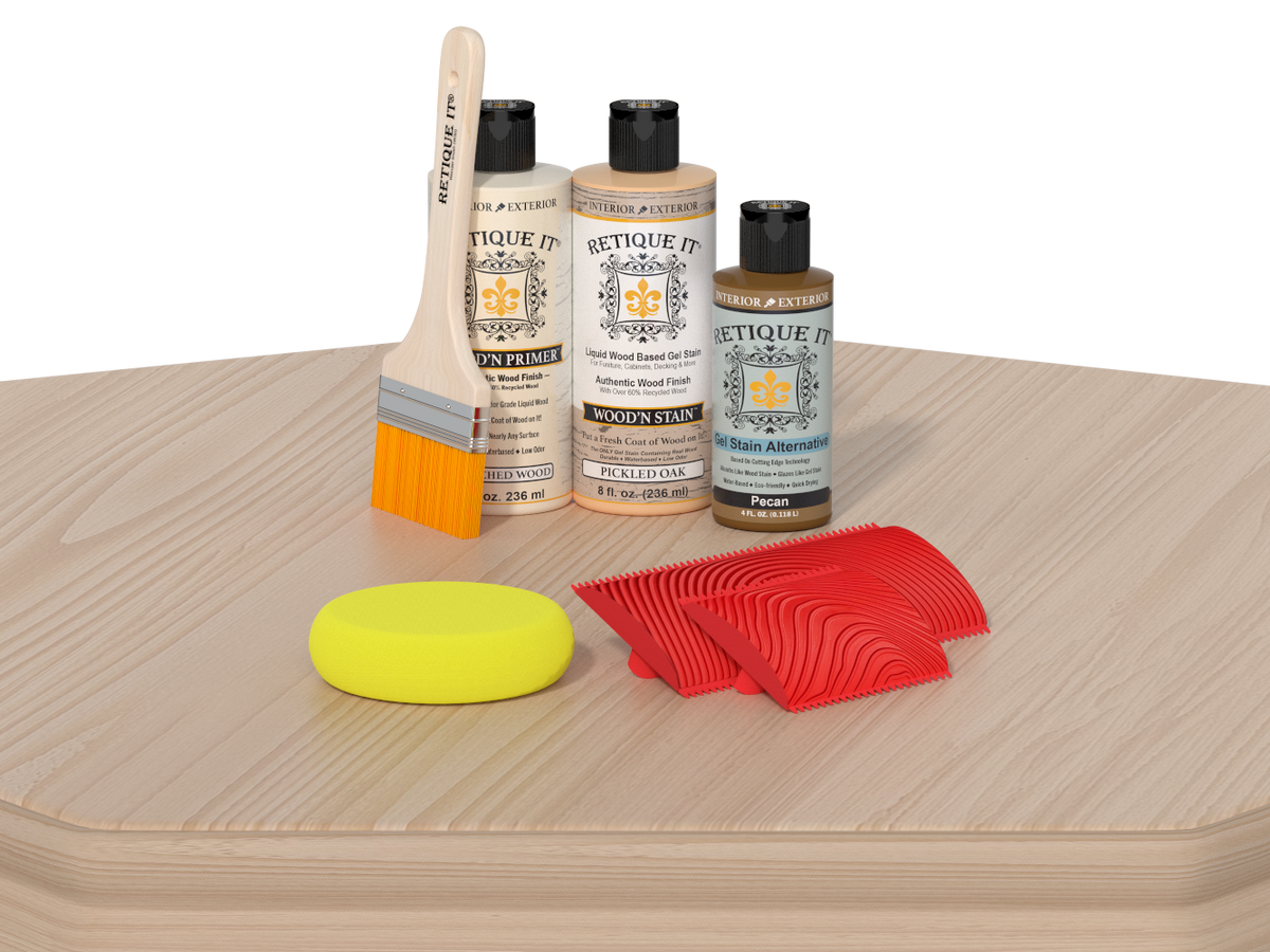 Wood stain and care product set on a wooden surface with a white background