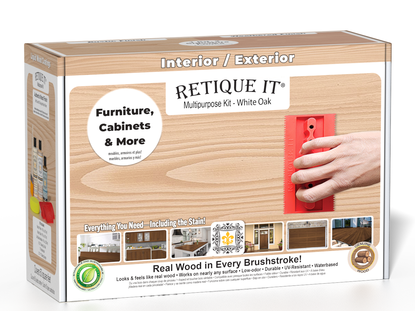 Retique It® White Oak Multipurpose Kit retail box featuring a White Oak wood finish, red graining tool demonstration, and furniture, cabinets & more project imagery.