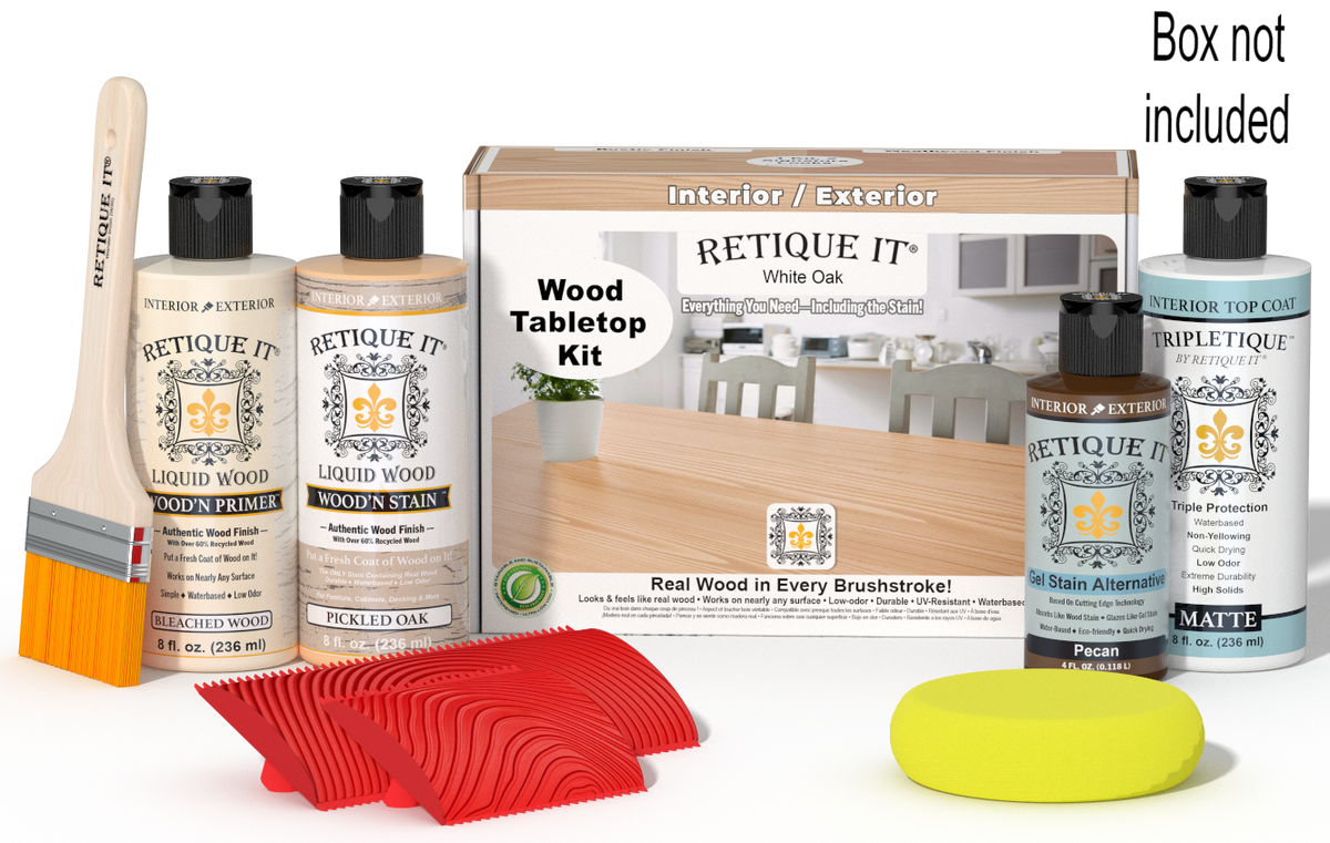 Retique It® White Oak Wood Tabletop Kit with Bleached Wood Primer, Pickled Oak Wood'n Stain, Matte TripleTique Top Coat, Pecan Gel Stain Alternative, yellow sponge, red graining tool, brush, and kit box.