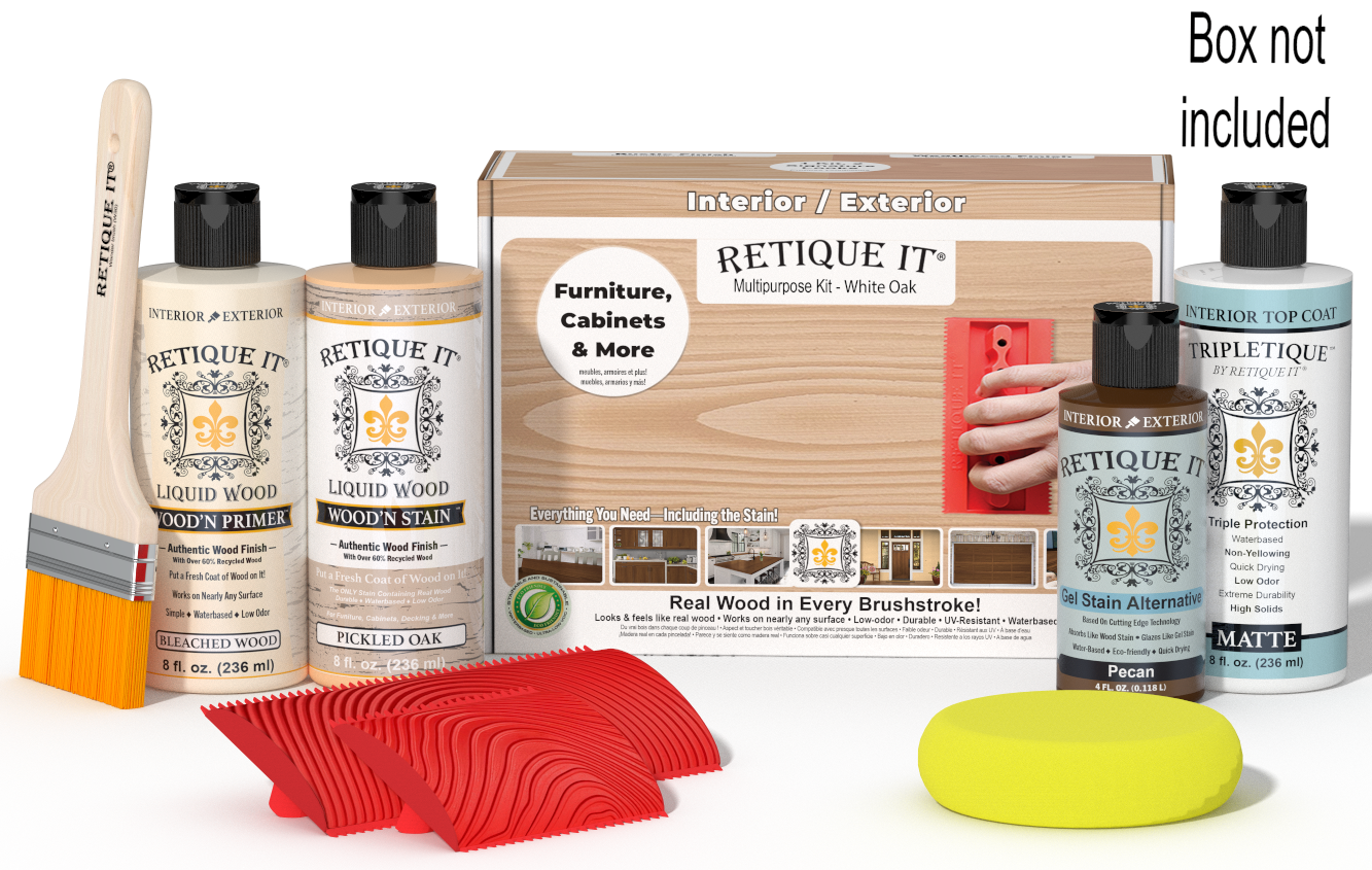 Retique It® White Oak Multipurpose Kit with Bleached Wood primer, Pickled Oak stain, Pecan gel stain alternative, Matte Tripletique® Top Coat, brush, red graining tool, yellow sponge, and product box.