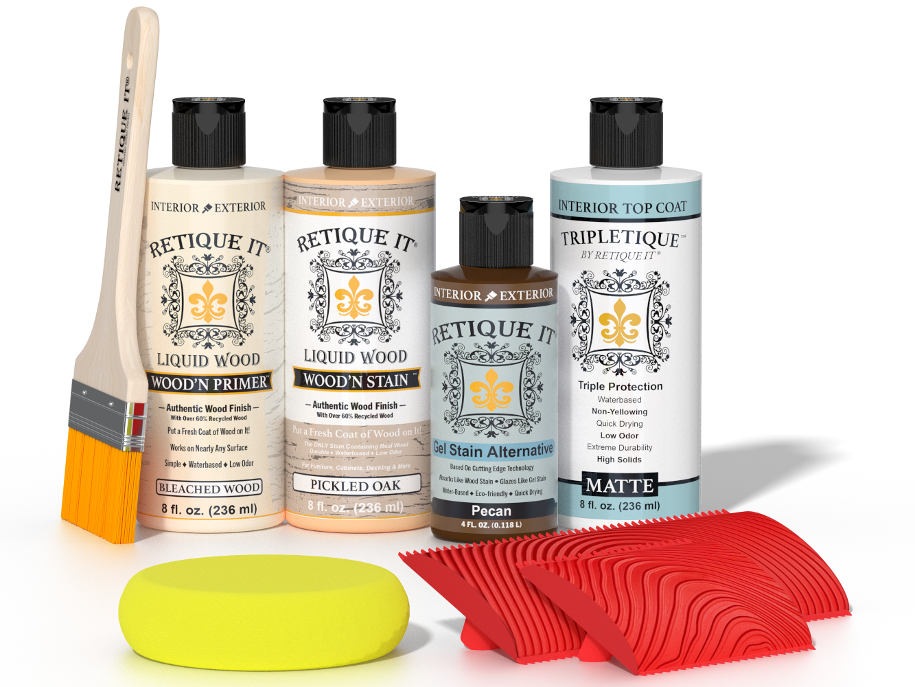 Retique It® White Oak Wood'n Kit with Bleached Wood primer, Pickled Oak stain, Pecan gel stain alternative, Matte Tripletique® Top Coat, brush, red graining tool, and yellow sponge.