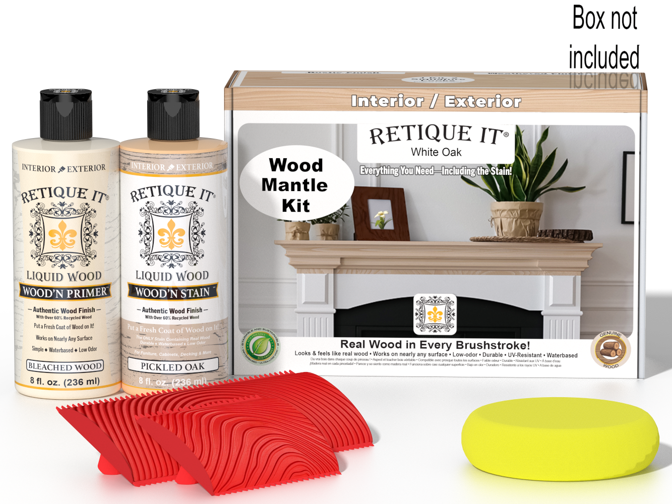 Retique It® Wood'n Finish Kit in White Oak for fireplace mantels, includes stain and application tools visible in the image.