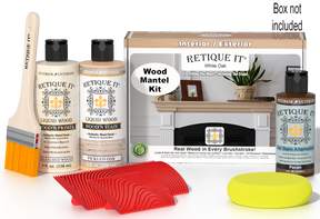 Retique It® White Oak Fireplace Mantel Wood'n Finish Kit showing stained wood mantel with white oak finish and stain box.