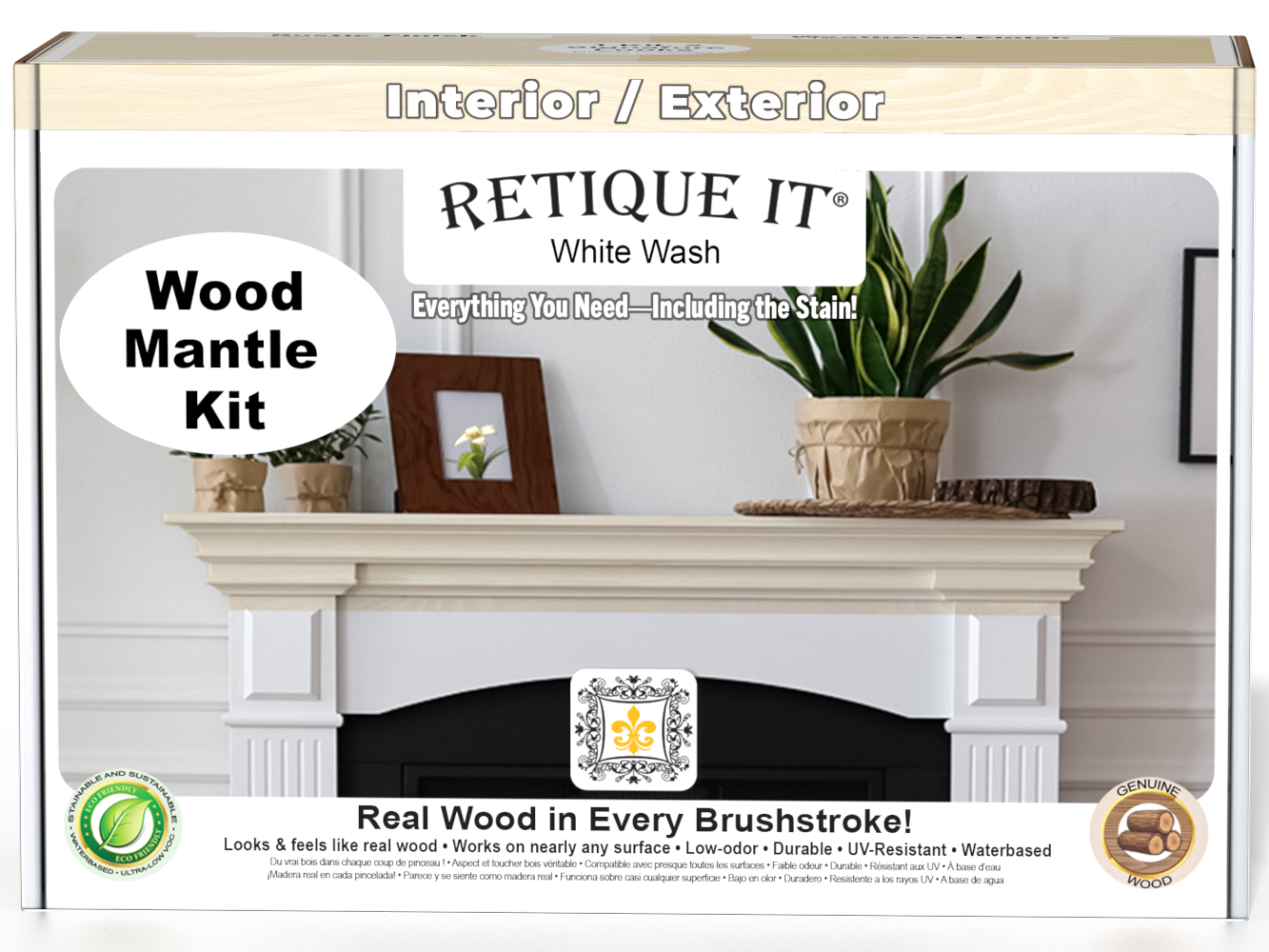 Retique It® White Wash Wood'n Finish Kit for fireplace mantels, showing stained wood sample with white wash finish.