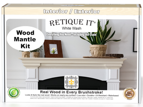 Retique It® White Wash Wood'n Finish Kit for fireplace mantels, showing stained wood sample with white wash finish.