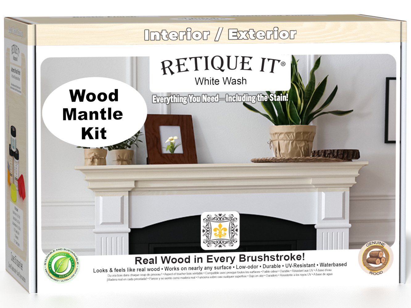 Retique It® Fireplace Mantel Wood'n Finish Kit in White Wash stain, showing a wood mantel with a smooth, white-washed finish.