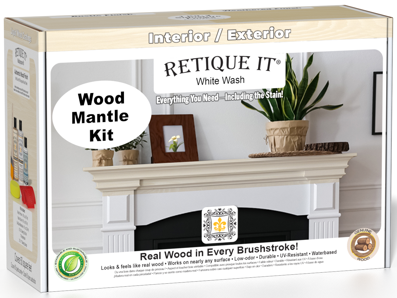 Retique It® Fireplace Mantel Wood'n Finish Kit in White Wash stain, showcasing the wood finish and application tools.