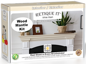Retique It® Fireplace Mantel Wood'n Finish Kit in White Wash stain, showcasing the wood finish and application tools.