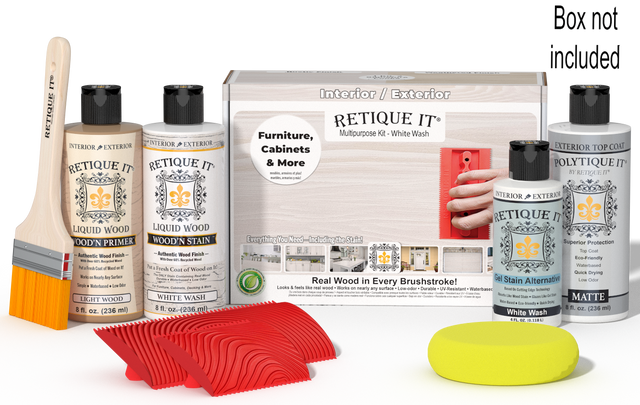 Retique It Wood'n Finish Kit in White Wash for exterior wood surfaces, includes top coat and application tools.