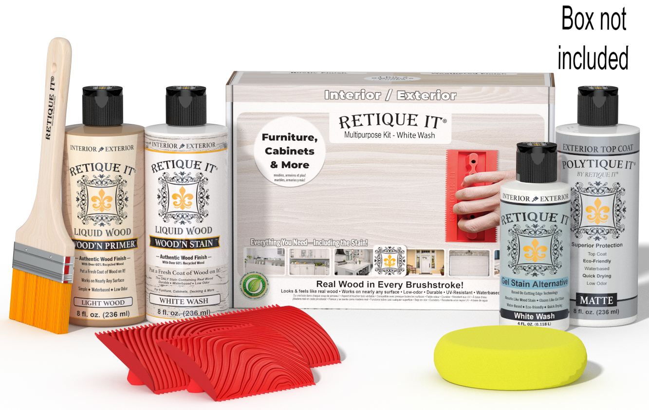 Retique It® Wood'n Finish Kit in White Wash for exterior top coat, showing the kit box with wood finishing supplies.