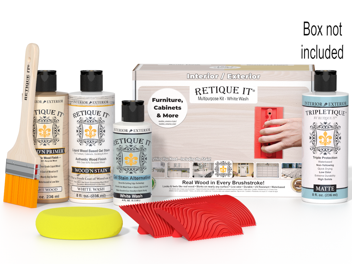 Retique It furniture care kit with bottles, a brush, and a box on a white background