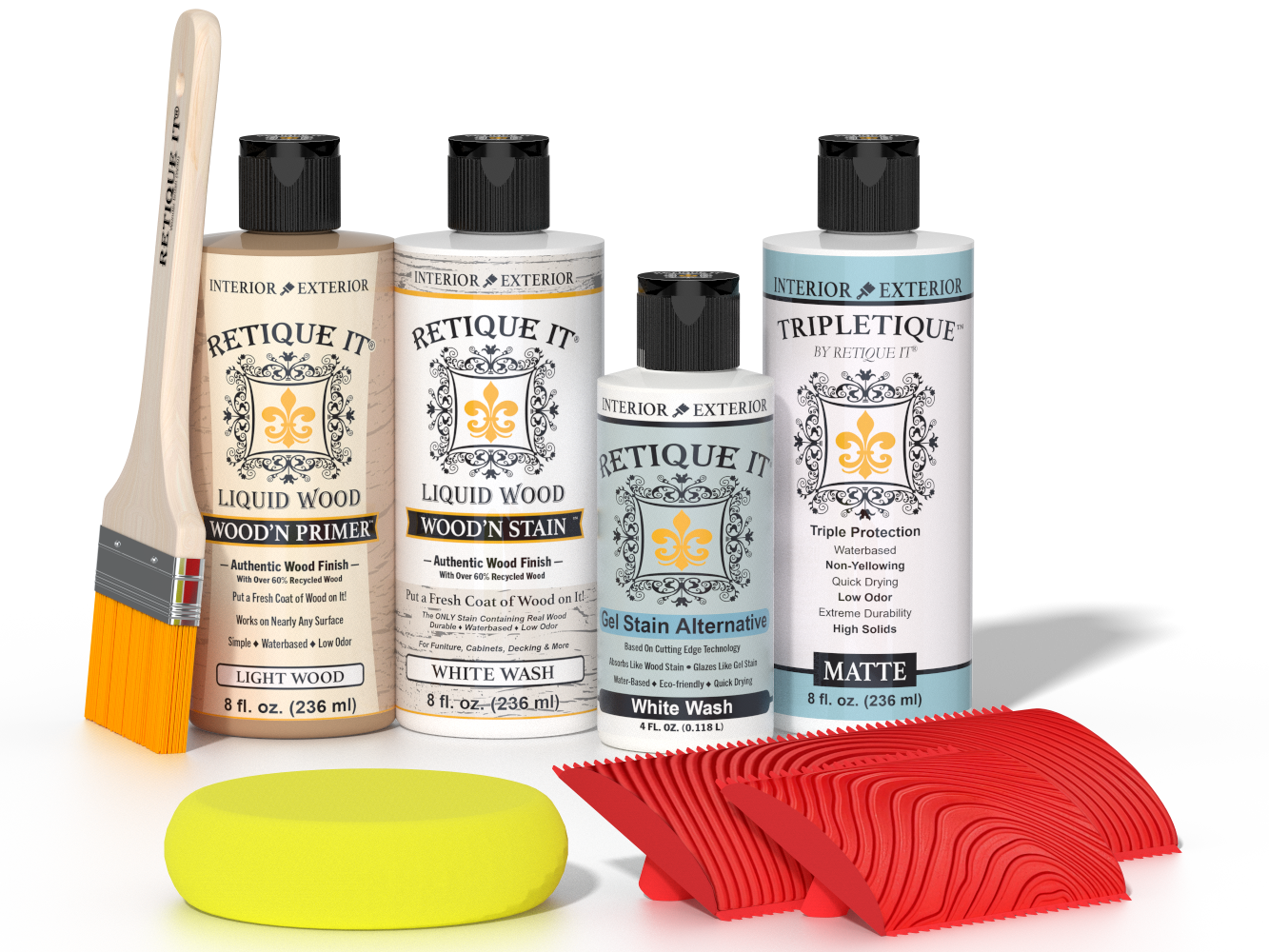 Retique It® Wood'n Finish Kit White Wash stain for tabletops, showing wood surface with light white wash finish and stain applicator
