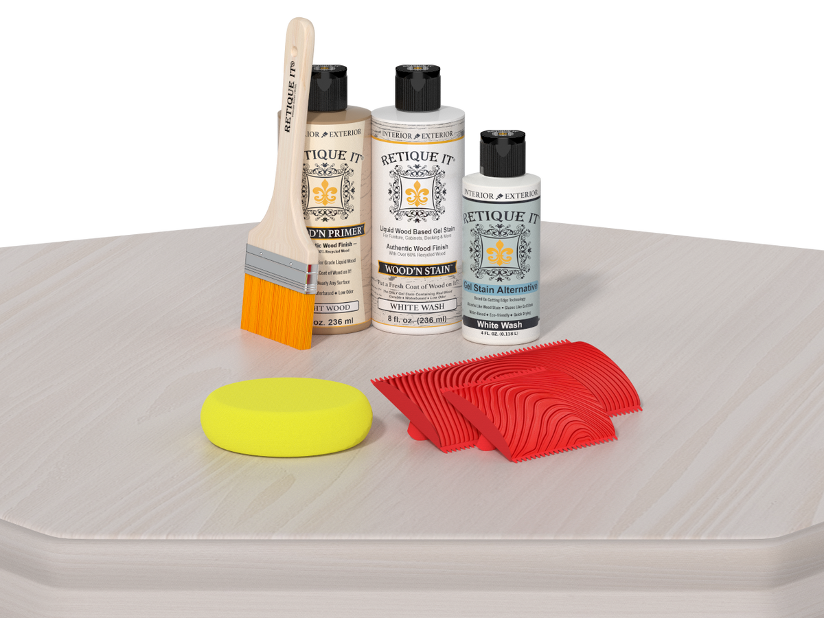 Set of wood care products including bottles, a brush, and sponges on a white surface.