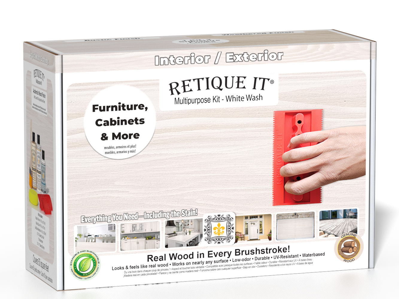 Retique It® White Wash Multipurpose Kit retail box featuring a White Wash wood finish, red graining tool demonstration, and furniture, cabinets & more project imagery.