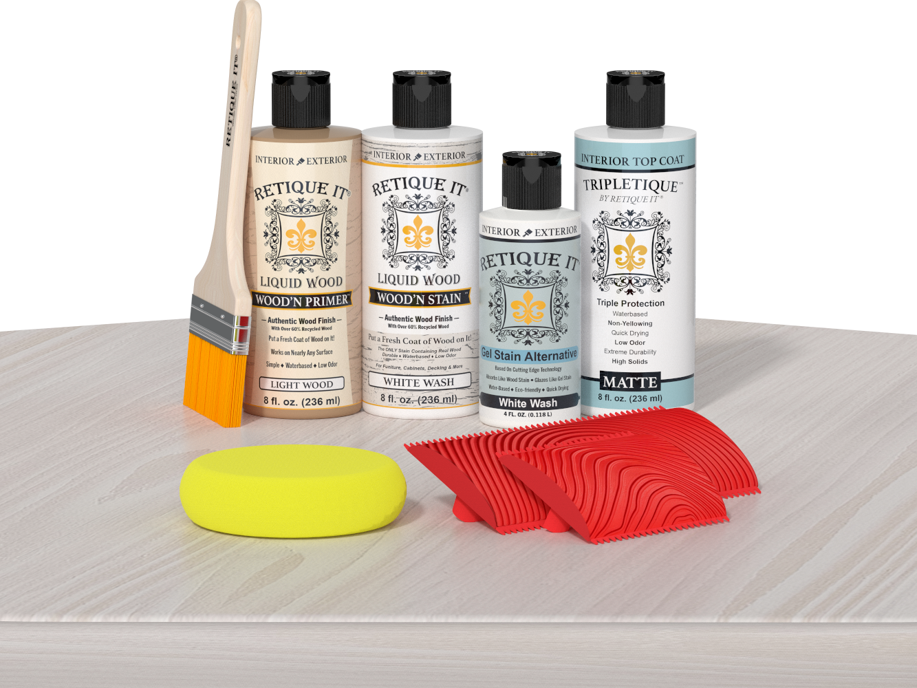 Retique It® White Wash Wood'n Kit with Light Wood primer, White Wash stain, White Wash gel stain alternative, Matte Tripletique® Top Coat, brush, red graining tool, and yellow sponge.