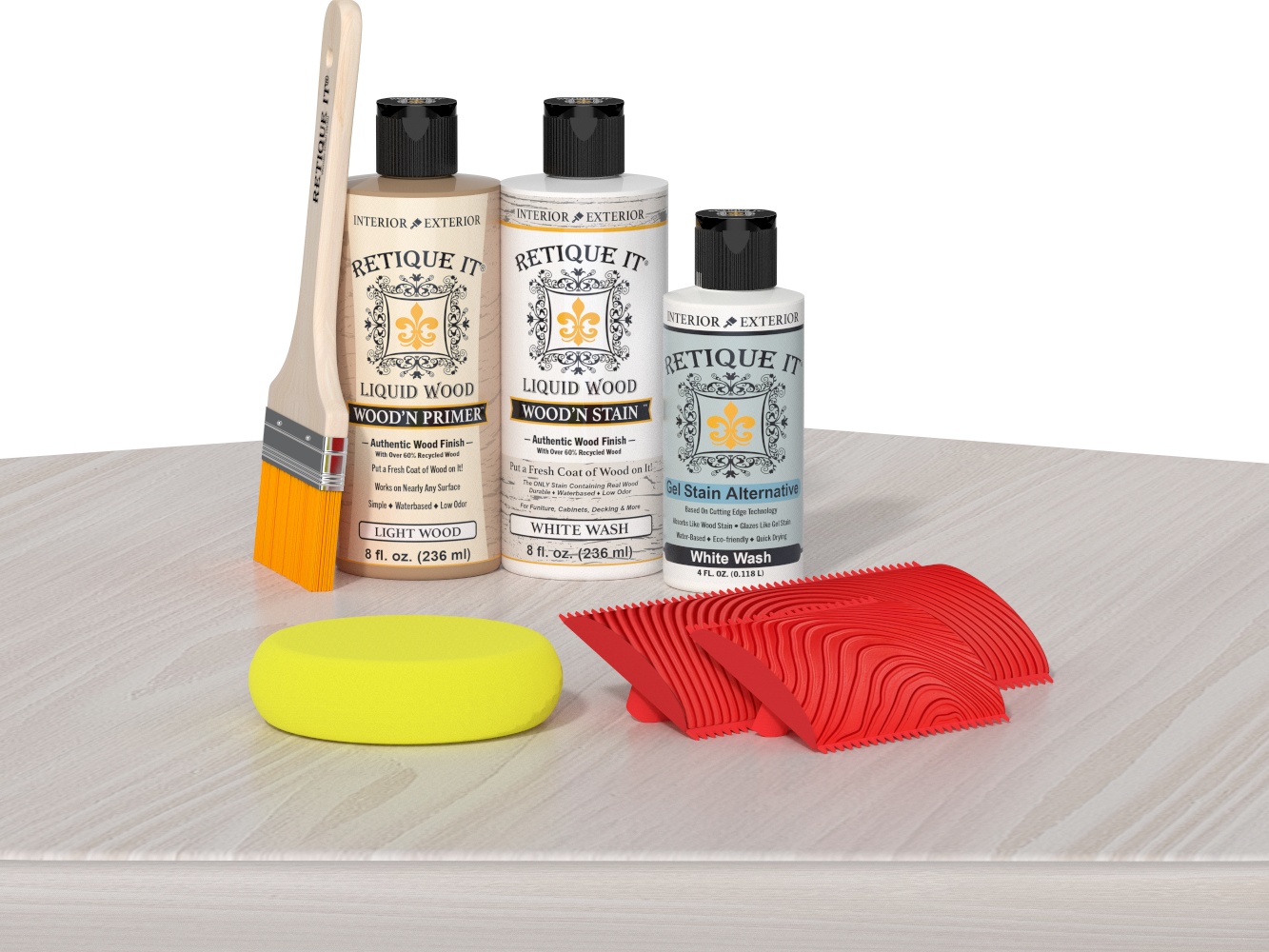 Retique It® Fireplace Mantel Wood'n Finish Kit in White Wash stain displayed on a table with finished wood texture and color.