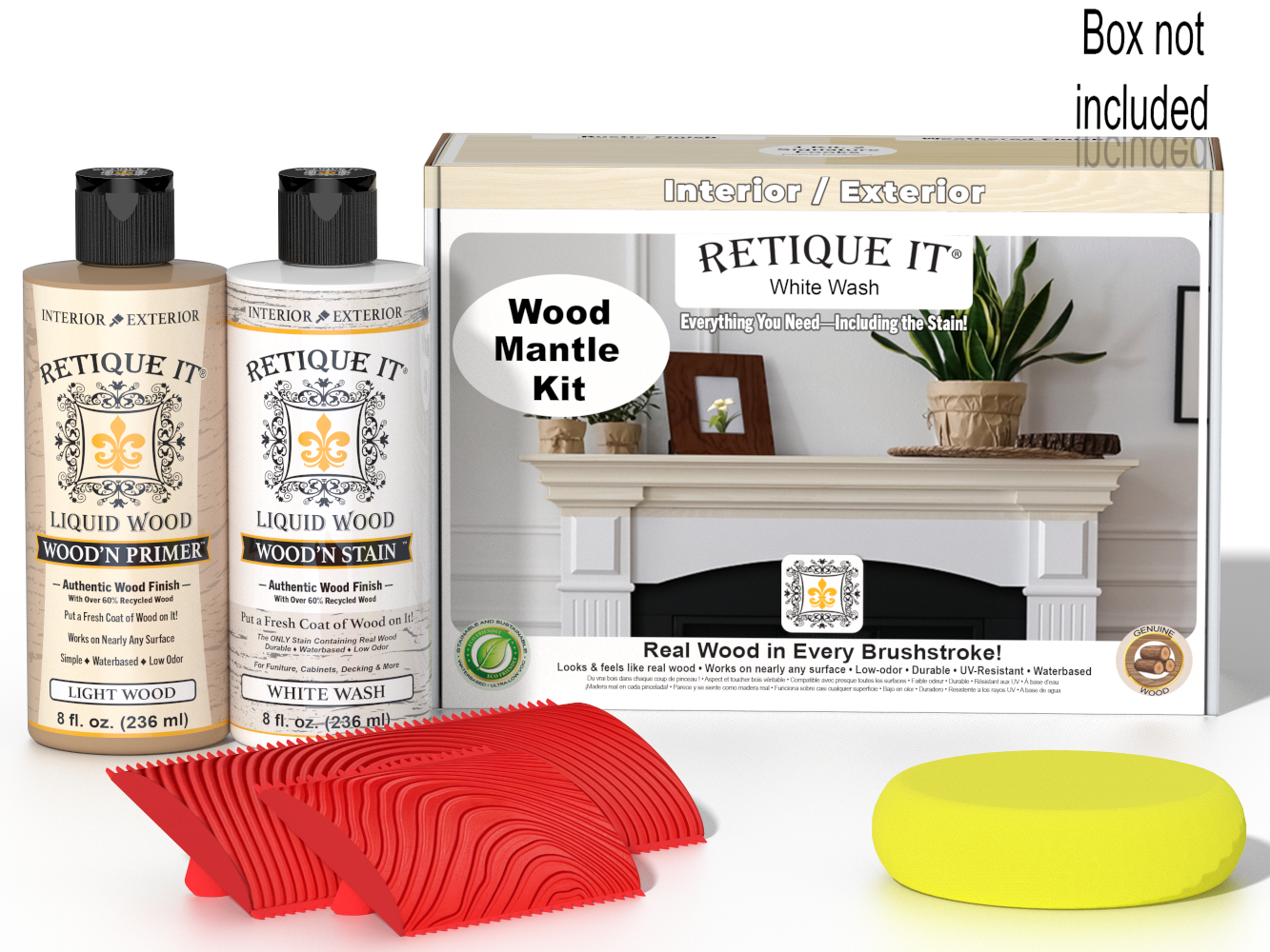Retique It® Wood'n Finish Kit for fireplace mantel in White Wash stain, featuring wood stain and finishing supplies.
