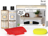 Retique It® Wood'n Finish Kit for fireplace mantel in White Wash stain, featuring wood stain and finishing supplies.