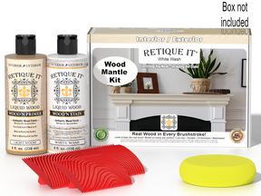 Retique It® Wood'n Finish Kit for fireplace mantel in White Wash stain, featuring wood stain and finishing supplies.