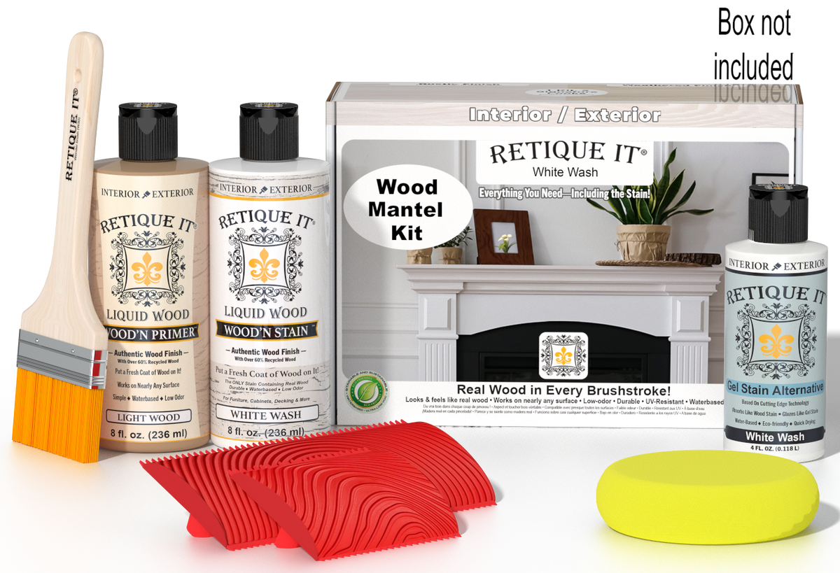 Retique It® Wood'n Finish Kit in White Wash stain for fireplace mantels, showing wood grain and finished surface details.