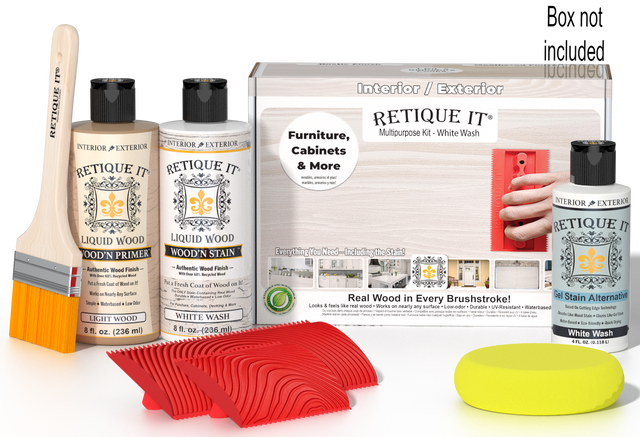 Retique It Wood'n Finish Kit in White Wash, multi-purpose wood finishing kit with brush and tools, ideal for furniture and craft projects.