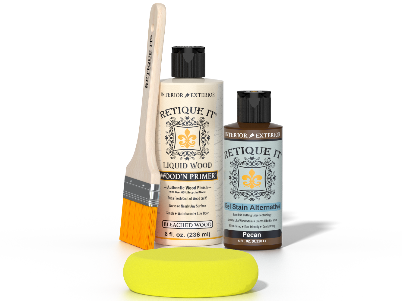Retique It® White Oak kit with brush, Wood’n Primer, Pecan stain alternative, and yellow sponge.
