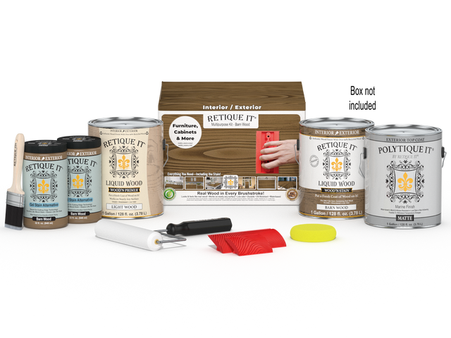 Retique It Wood'n Finish Kit in Barn Wood for exterior topcoat, includes four large wood treatment bottles with packaging.