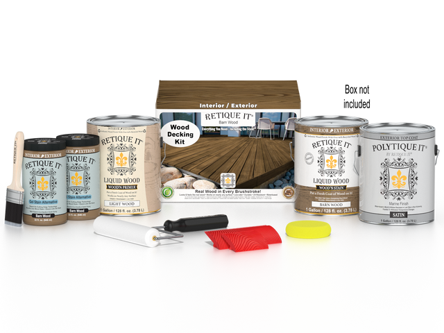 Retique It Barn Wood decking wood stain kit with wood samples and application tools, showcasing natural barn wood finish.