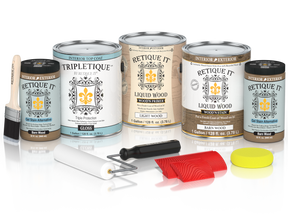 Retique It Wood'n Cabinet Kit with 48 barn wood grain stained doors, glossy finish, for cabinet renovation and DIY projects.