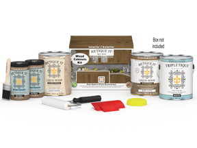 Retique It® Wood'n Cabinet Kit with 48 barn wood grain doors, stain finish, shown with box and cabinet doors.