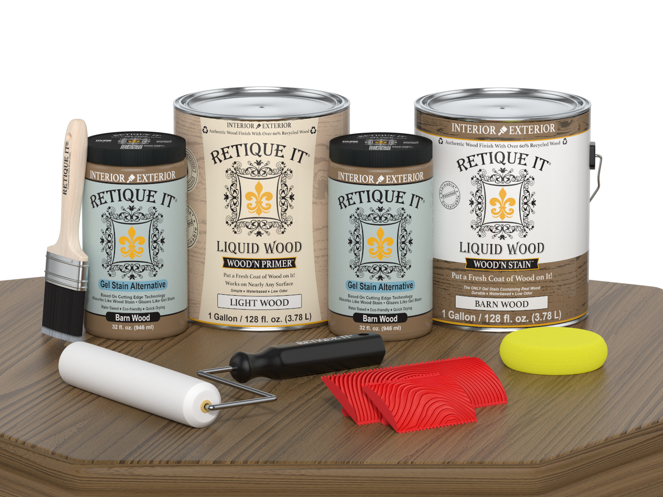 Retique It® Wood'n Finish Kit with four large barn wood panels for furniture restoration and craft projects.