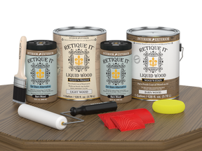 Retique It® Wood'n Finish Kit with four large barn wood panels for furniture restoration and craft projects.
