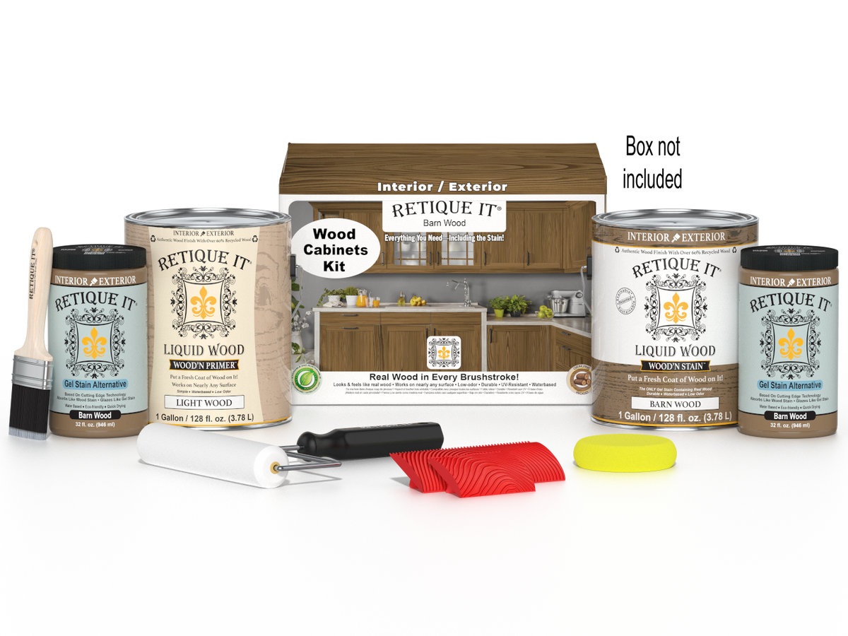 Retique It® Wood'n Cabinet Kit with 48 barn wood grain stain doors, ideal for kitchen or bathroom cabinetry.