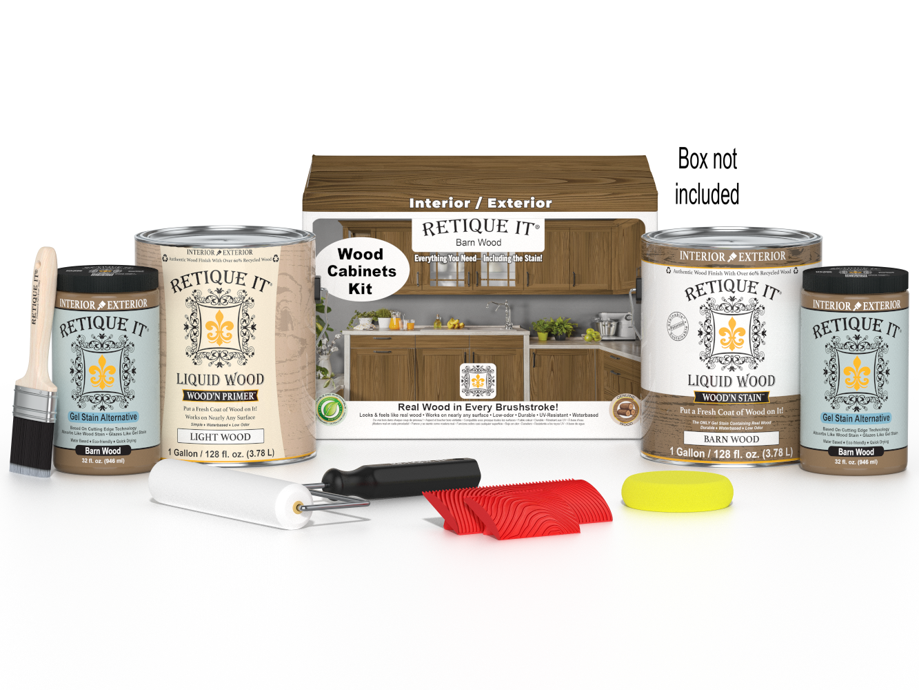 Retique It Wood'n Cabinet Kit with 48 barn wood-grained stained doors for a rustic kitchen or cabinet makeover.