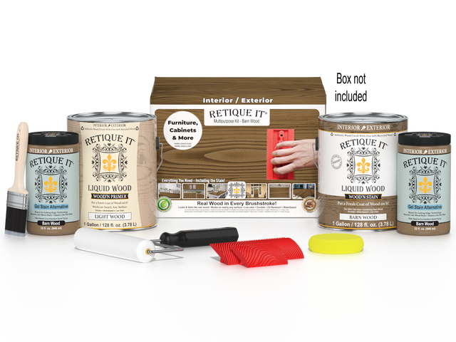 Retique It Wood'n Finish Kit in Barn Wood with four large wood finish bottles and applicator tools, designed for multi-purpose wood projects.