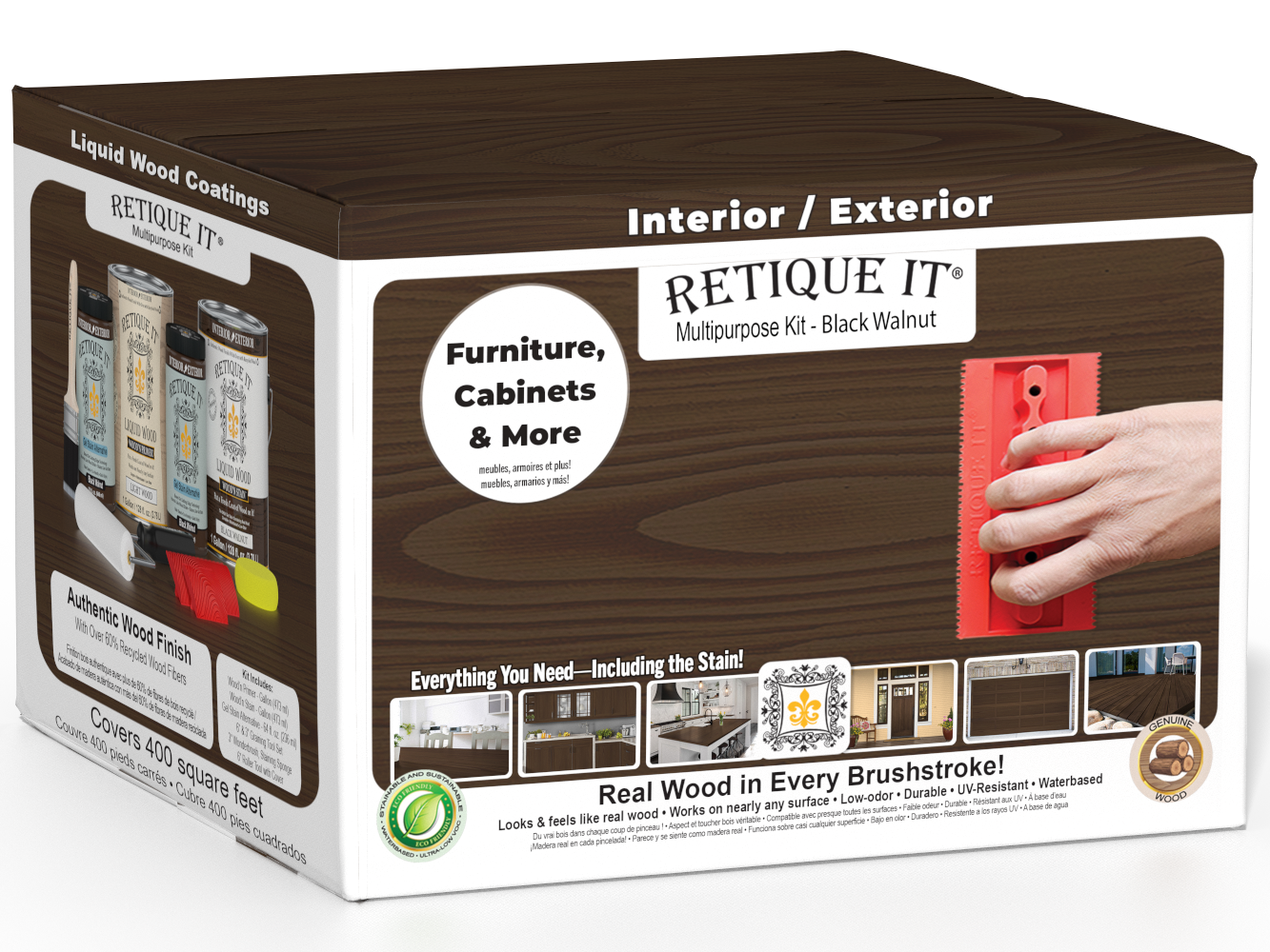 Retique It® Wood'n Cabinet Kit with 48 black walnut stained cabinet doors featuring a grained wood texture and natural finish.