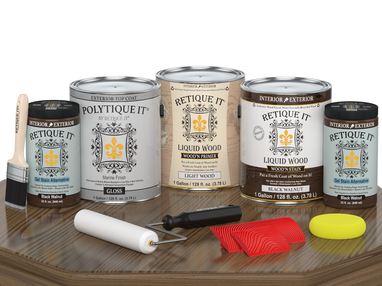 Retique It® Wood'n Finish Kit in Black Walnut, large size, with glossy exterior top coat, shown in a table application.