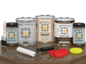 Retique It® Wood'n Finish Kit in Black Walnut, large size, with glossy exterior top coat, shown in a table application.