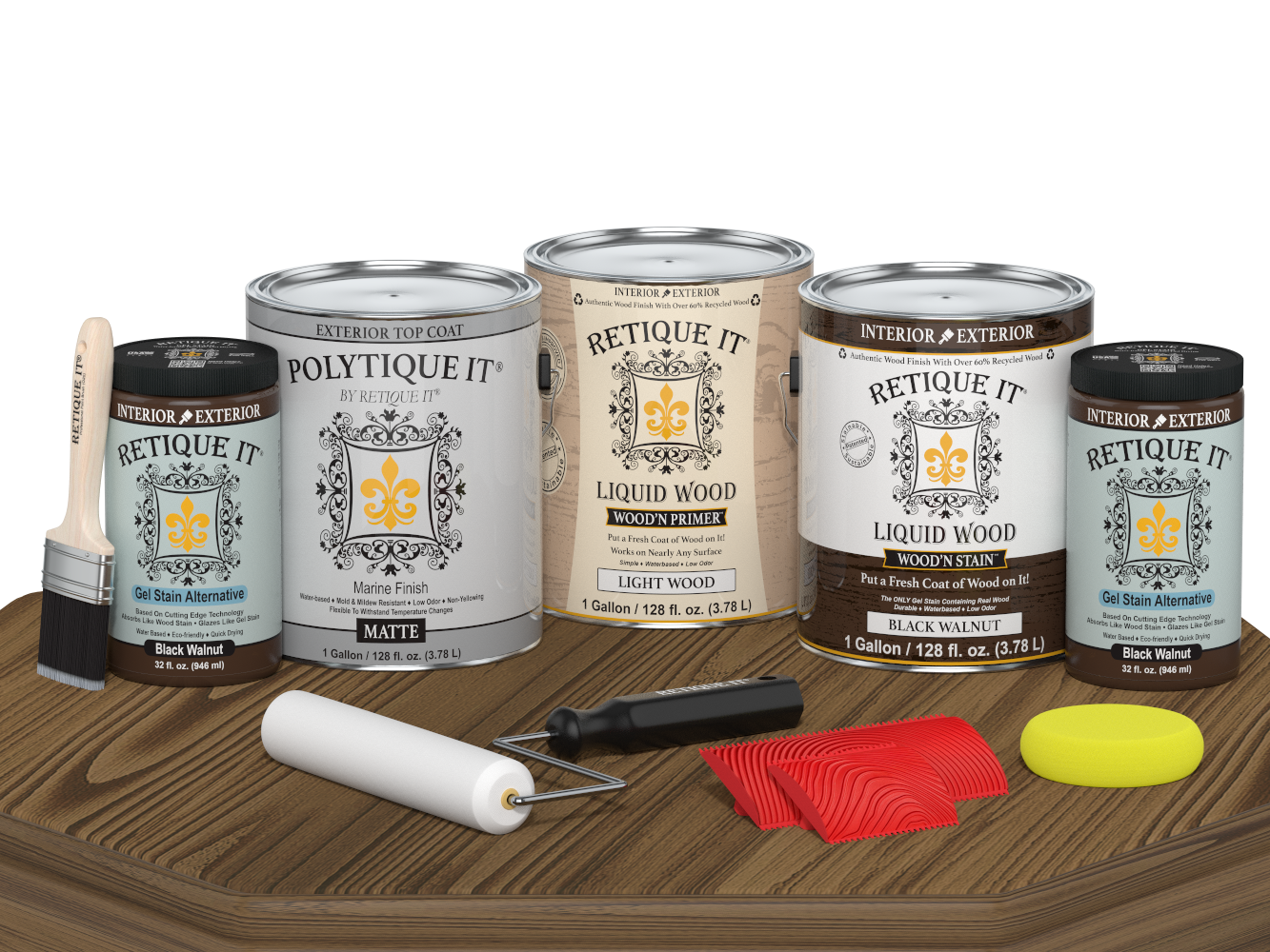 Retique It® Wood'n Kit in black walnut with matte finish, containing four large exterior top coat wood finish products for durable protection.