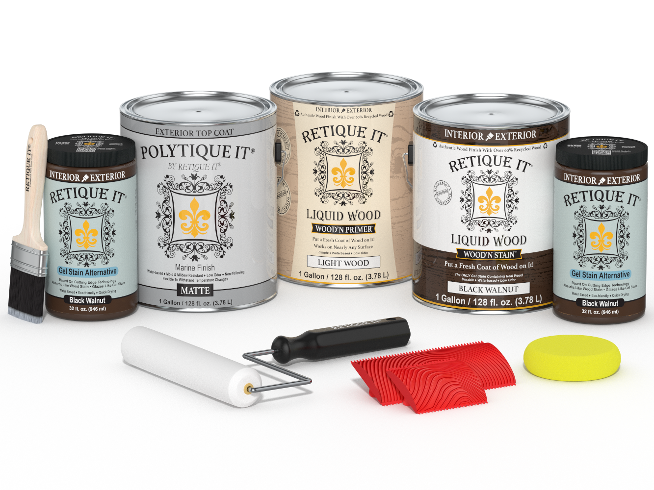 Retique It® Wood'n Finish Kit in black walnut with matte exterior top coat, includes four large wood finishing products.