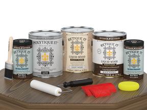 Black Walnut Wood'n Finish Kit by Retique It®, exterior top coat, 4-piece set with satin finish on wood surface.