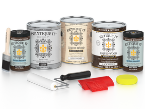 Retique It® Wood'n Finish Kit in black walnut with satin exterior top coat, includes four large wood finish containers.